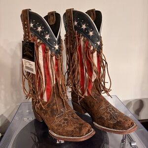 NWT J.B. Dillon Brown Suede Patriotic American Flag Fringe Cowboy Boots 7.5